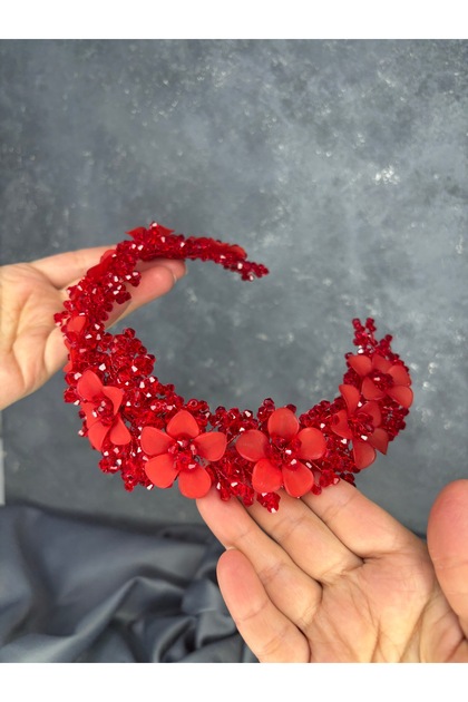 Crystal and Bead Embroidered Bridal Crown Nileda Model Henna Accessory Red