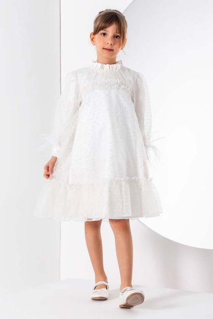 Girl's White Chiffon Dress with Ruffled Collar and Chest, Polka Dot Detail on Wrinkled Ankles