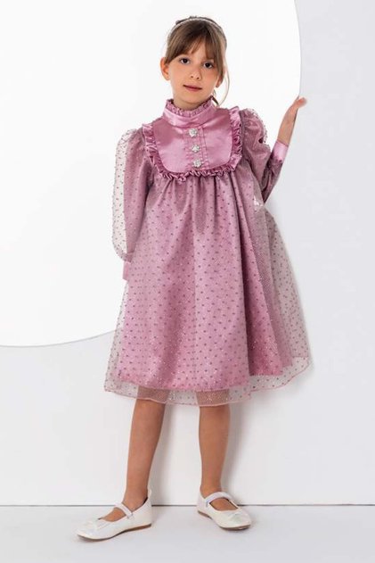 Girl's Spotted and Sequined Lined Rose Dried Dress with Ruffled Collar