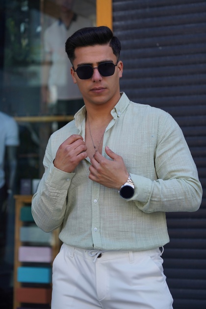 Men's Slim Button down 100% Cotton Summer Flaming Linen Shirt High Quality