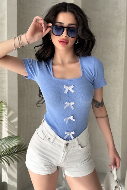 Women's Blue Bow Detailed Corded Fabric Knit Blouse