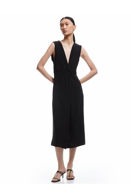 Lined Comfortable Fit V-Neck Aerobin Fabric Sleeveless Long Dress