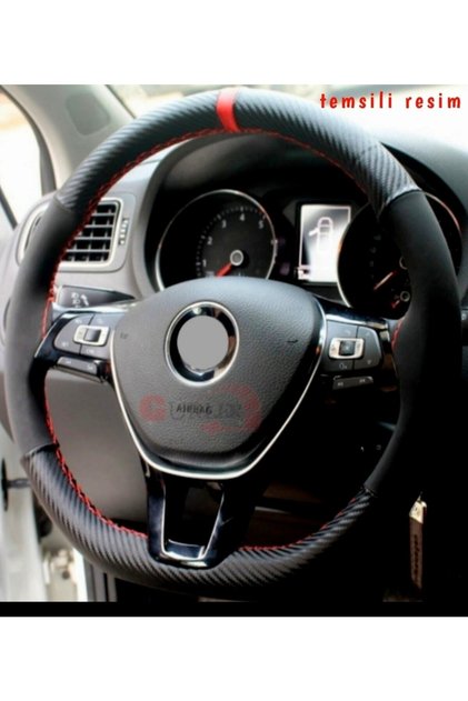 Fiat Uyumlu Fiorino (2010-2021) Dikmeli Direksiyon Kılıfı Carbon Desenli-alkantra Kırmızı Yüzüklü