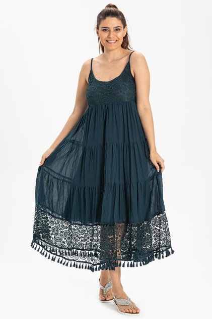 Askılı Şile Bezi Didem Long Summer Dress Petrol Ptrl