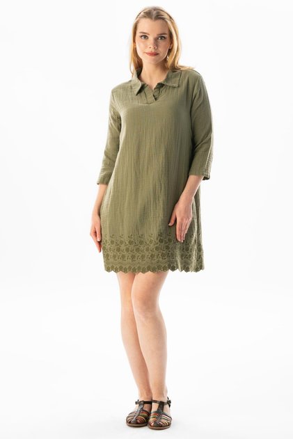 Three-Quarter Sleeve Shirt Collar Embroidery Detailed Short Summer Muslin Dress Khaki Hk