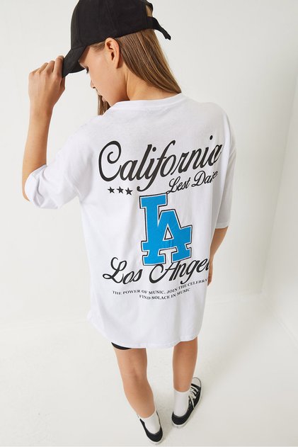 Kadın Beyaz Los Angeles Baskılı Oversize Kısa Kollu Penye T-Shirt 5197 60283079