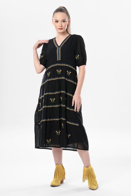 Short Sleeve Voile Embroidered V-Neck Reyhan Long Summer Authentic Dress Black