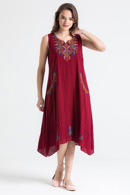 Sleeveless Sile Cloth Antique Embroidered Midi Length Summer Dress Claret Red Brd
