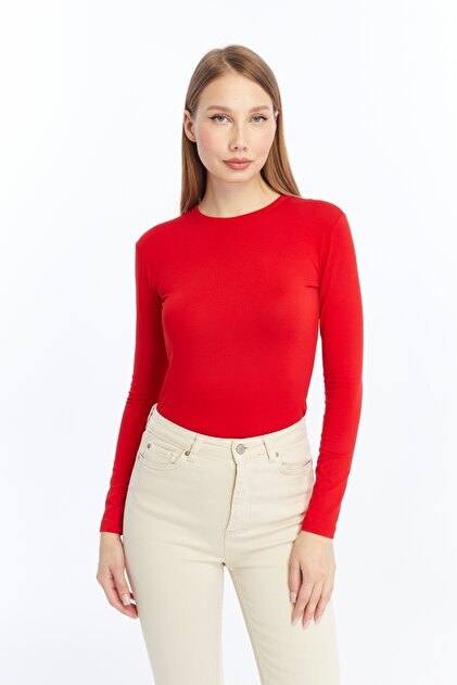 Women's Red Round Neck Long Sleeve Blouse