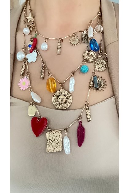 Gold Color Steel Bohemian Charm Necklace – Colorful Stone and Pearl Detailed, Layered Design
