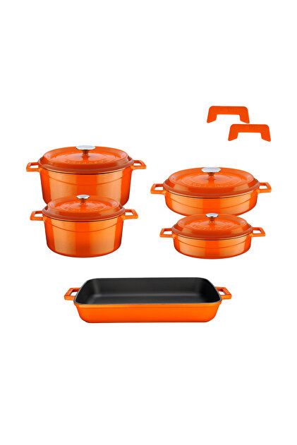 Cast Iron Five-Piece Pot and Pan Set Trendy-Orange
