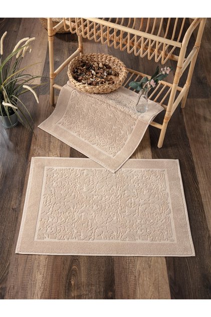 Set of 2 Foot Towels - 100% Cotton & Cappuccino Color Towels - Damask Patterned & Soft - 50X70Cm