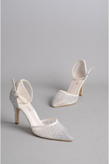 Seç 738 Stone-Embellished Tulle Detailed Evening Dress Shoes (Heel Height: 9 cm) Sedef