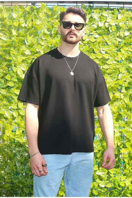 Erkek Siyah Oversize Modal %100 Pamuk Kumaş Rahat Kesim Bisiklet Yaka T-shirt