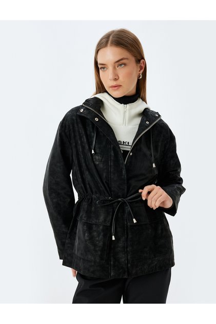 Faux Leather Oversize Raincoat with Hooded Waist Tie Zipper Pocket