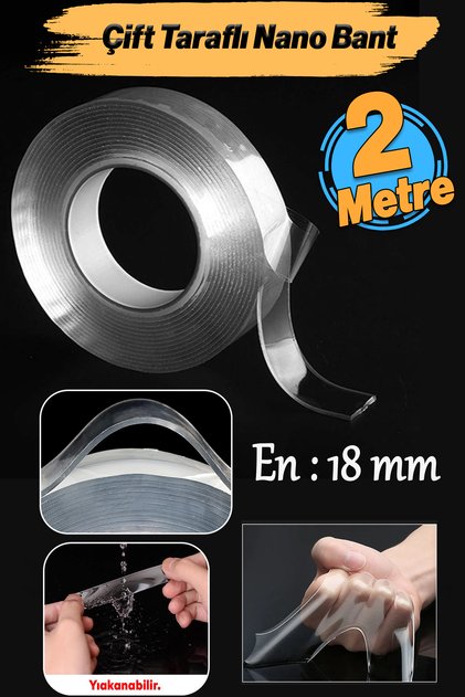 Çift Taraflı Nano Bant Güçlü Yapıştırma Bandı Şeffaf 18 mm x 2 Metre Suya Dayanıklı Yıkanabilir