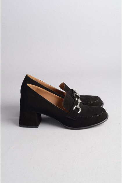 Seç 142 Genuine Leather Buckle-Strap Heel Shoes for Women (Heel Height: 5.5 cm) Black Suede