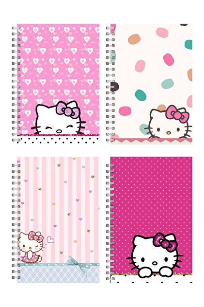 4'lü Hello Kitty Defter Set - 4'lü Defter Seti - Okul Defteri , Spiralli Konsept Defterler Çizgisiz