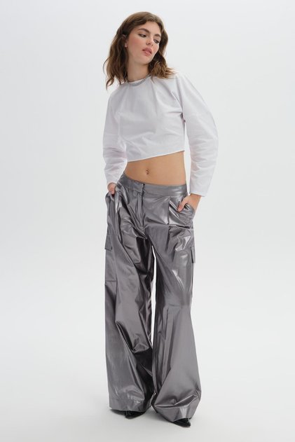 Metallic Gray Pleated Wide-Leg Pants