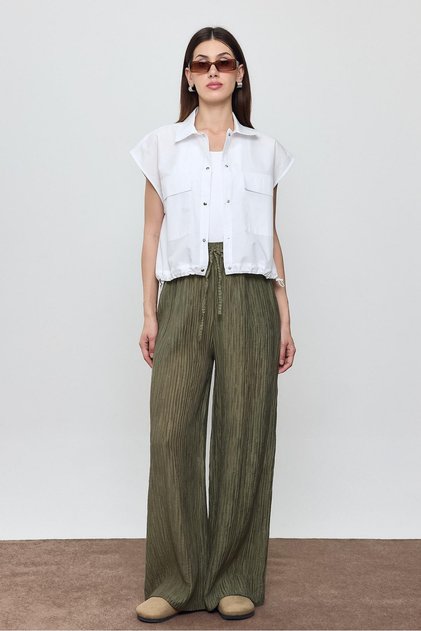 Khaki Corded Palazzo Trousers with Elastic Waist