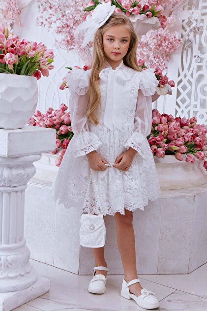 Riccotarz Girl's Collar Shawl Detailed Shoulders Ruffle Spanish Sleeve Transparent Tulle Lace Embroidered White Dress- Trendyol Riccotarz Girl's Collar Shawl Detailed Shoulders Ruffle Spanish Sleeve Transparent Tulle Lace Embroidered White Dress- Trendyol