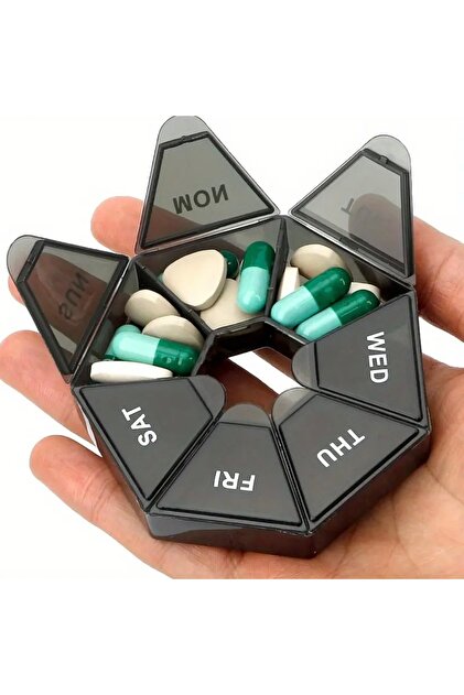 Pill Box | Portable Medicine Organizer Box with 7 Compartments and Weekly Swivel Lid | For Travel