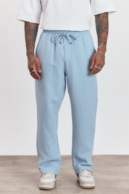 Men's Premium Summer Elastic Waist 100% Cotton Baby Blue Woven Trousers Ls-23100