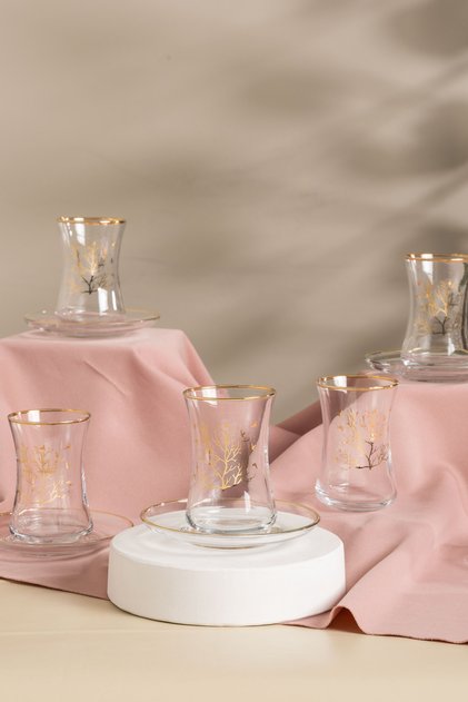 12 Pieces 6 Person Simple Gold Handcrafted Tree of Life Glass Tea Cup Set – Nature's Elegance