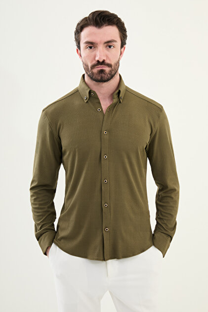 Desenli Slim Fit Uzun Kollu Pamuk Erkek Gömlek Haki - 27058.25Y