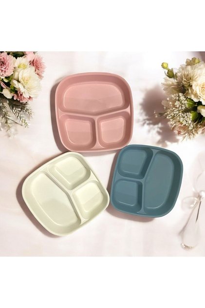 3 Adet 3 Bölmeli Kahvaltı Tabağı Plastik Piknik Kamp Çerez Yemek Servis Tabağı 21,5x23x3,5cm
