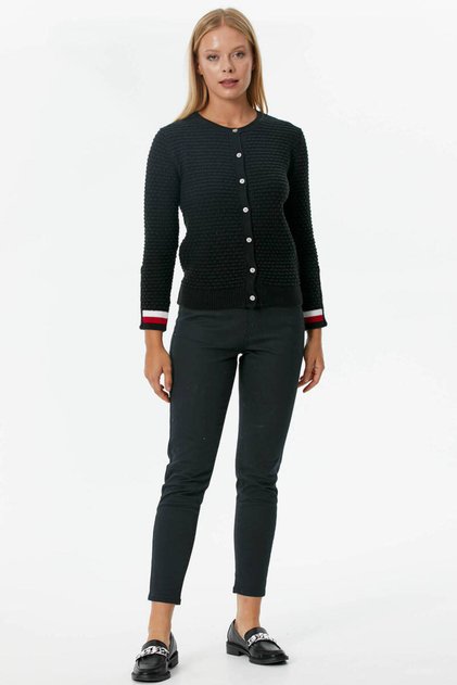 Crew Neck Buttoned Honeycomb Patterned Sweater Cardigan - Black