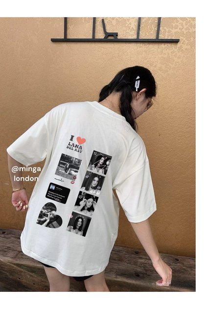 White Lana Del Rey Photo Collage Front/Back Printed Oversize Unisex T-Shirt -Minga London