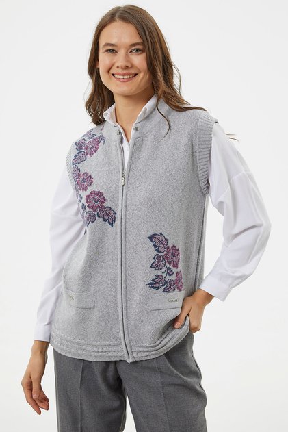Zippered Floral Motif Knitwear Vest - Gray