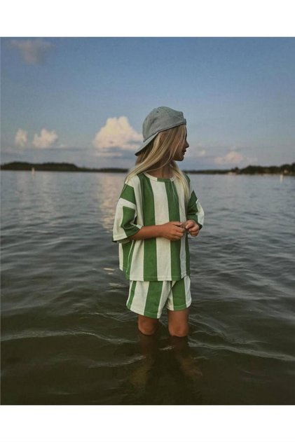 Girl's New Season Striped Cotton Top and Bottom Set Green