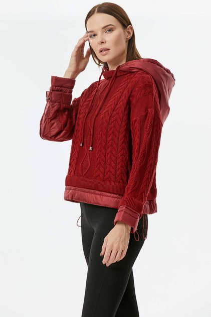 Miflon Combination Hooded Knitwear Sweater - Claret Red