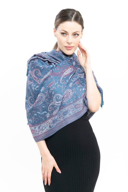 Women's Petrol Green Patterned Cashmere Shawl
