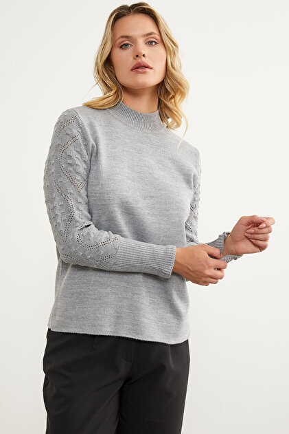 Half Fisherman Knitwear Sweater with Motif Sleeves - Gray