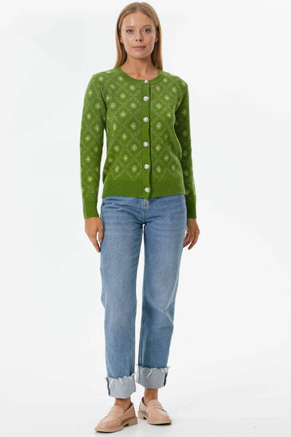 Pearl Buttoned Floral Patterned Knitwear Cardigan - Green