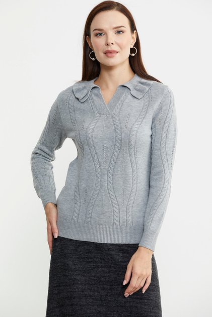 Ruffle Collar Motif Knit Sweater - Gray