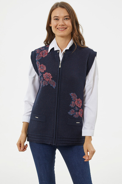 Zippered Floral Motif Knitwear Vest - Navy Blue