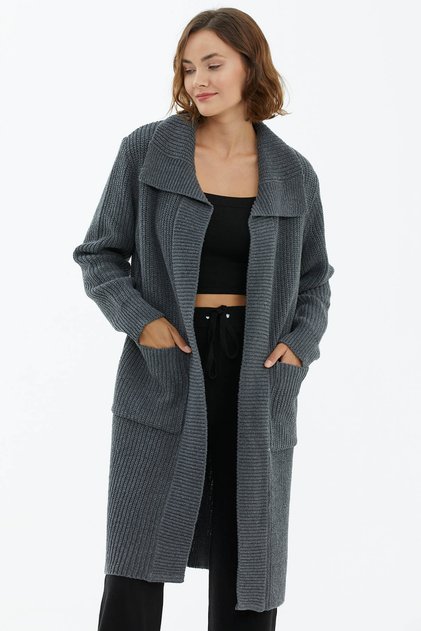 Wide Collar Loose Knitwear Long Cardigan Dark Gray