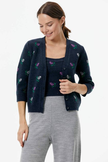 Floral Motif Crop Knitwear Set - Navy Blue