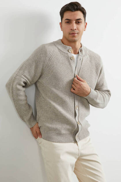 Half Fisherman Buttoned Knitwear Cardigan - Mink
