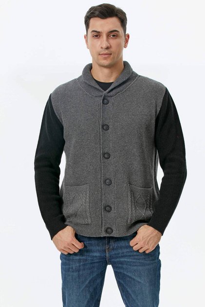 Shawl Collar Buttoned Knitwear Cardigan - Dark Gray - Black