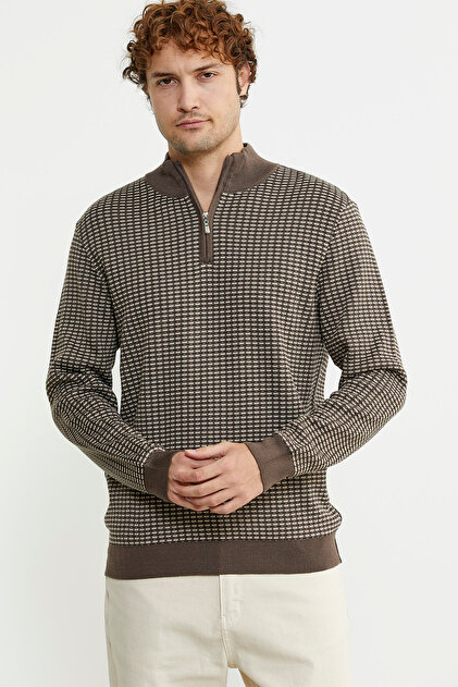 High Collar Half Zip Knitwear Sweater - Mink