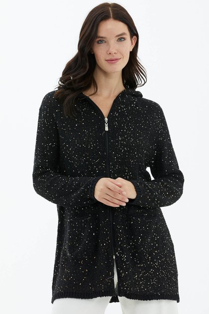 Hooded Zippered Sequin Knitwear Cardigan - Black