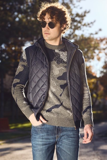 Quilted Hooded Zippered Knitwear Vest - Navy Blue