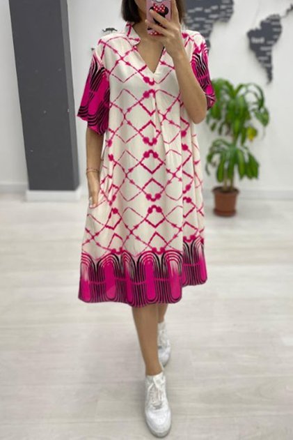 Women's Placket White Fuchsia Neckline Print Side Pocket Loose Relaxed Fit Short Sleeve Midi Dress