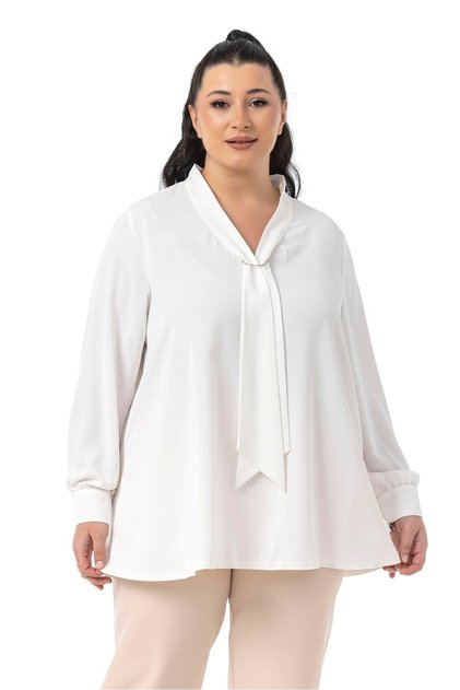 Large Size Tie Collar D Buckle Detail White Blouse