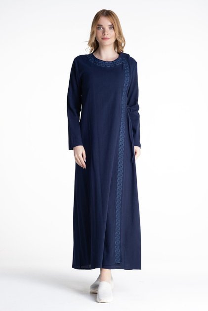 Embroidered Şile Cloth Seasonal Robe Navy Blue Lcvt